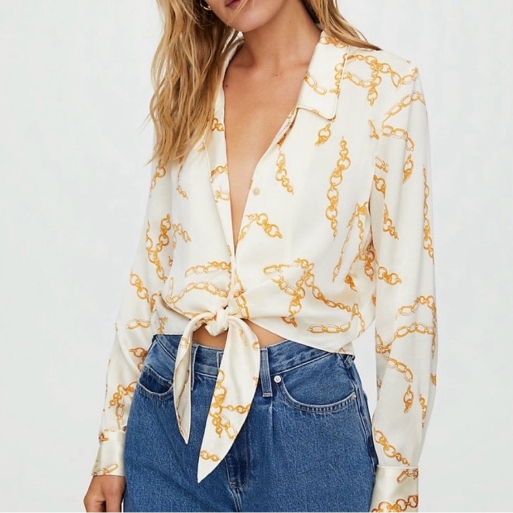 Aritzia Wilfred 100% Silk Tie-Front Blouse - Cream/gold chain design - Small